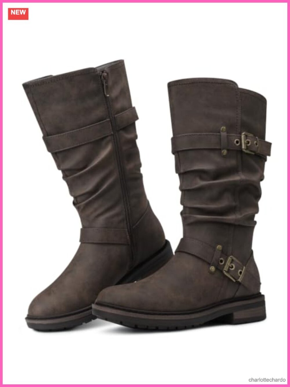 Women's Wide Calf Mid-Calf Faux Leather Riding Boots Low Heel Side Zipper